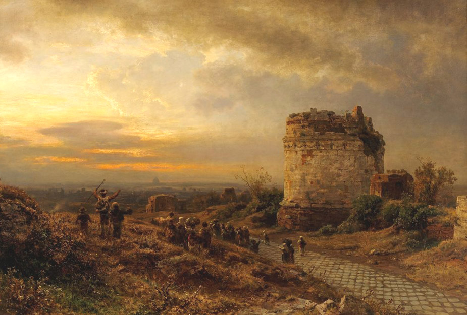 Oswald Achenbach,Arrivée de pélerins à Rome par la Voie Appienne, mausolée de Cecilia Metella (1880)